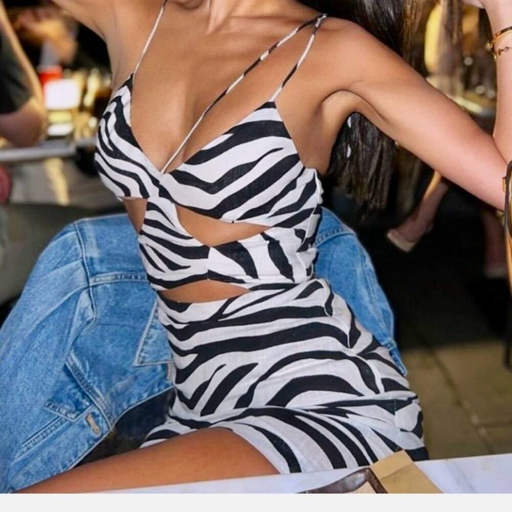Zara black & white Zebra Print linen blend cutout spaghetti strap Mini Dress XS - Picture 3 of 16